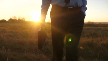 İş adamı evrak çantası ile el ve takım elbise günbatımı güneş parlamayı içinde dolaşır. Yakın çekim