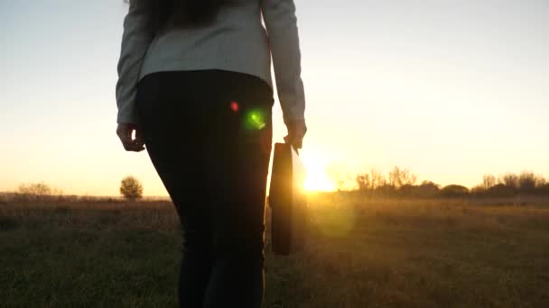 Mujer en pantalones y chaqueta con un maletín en la mano camina a través del campo en rayos de una puesta de sol roja. vista posterior — Vídeos de Stock