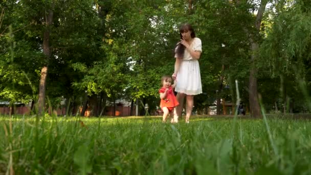 Barnet håller mamma för hand och tar sina första steg på det gröna gräset. mamma går med liten dotter i sommar park. Happy baby leenden — Stockvideo