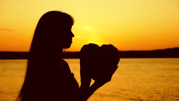 Сумна дівчина тримає своє серце на заході сонця — стокове відео