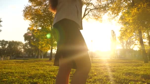 Kvinna i kjol bär en portfölj i handen upplyst av ljusa solen. vackra ben av affärskvinna som går på trottoaren. närbild. — Stockvideo