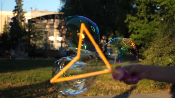 Grandes y hermosas burbujas de jabón vuelan en el aire, cámara lenta, de cerca — Vídeo de stock