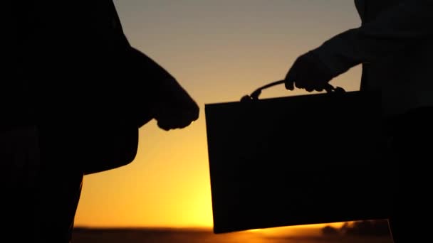Kvinna passerar portföljen till mannen och skakar hand mot bakgrund av gula solnedgången i park. affärskvinna och affärsman att göra en affär. — Stockvideo
