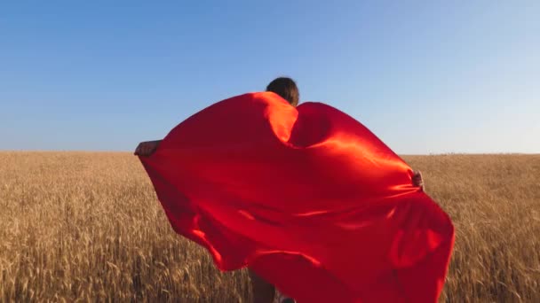 Chica juega super héroe en impermeable rojo y corre a lo largo de campo amarillo en el cielo azul — Vídeos de Stock