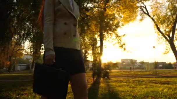 Frau trägt Aktentasche in der Hand und geht im Sonnenschein den Bürgersteig im Park entlang. Nahaufnahme. — Stockvideo