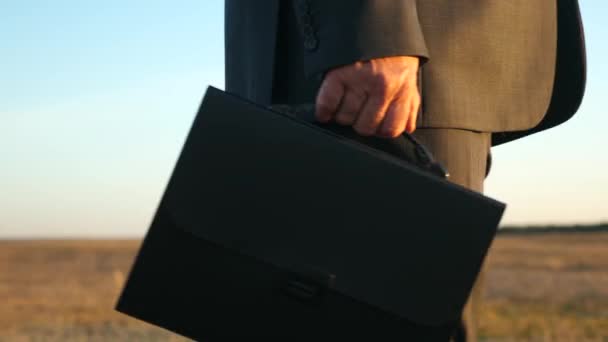 Man in business suit with black briefcase in hand is walking in the park. close-up — Stock Video