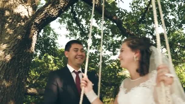 Happy bride and groom in beautiful white dress swinging on swing in summer park. swing on branch of an oak in summer forest and a loving couple — Stock Video