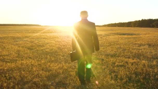 Homem de negócios em terno escuro com pasta preta andando pelo campo em raios de um sol brilhante para uma reunião importante — Vídeo de Stock
