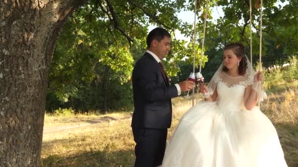 Happy groom in suit and bride in white dress drink champagne from beautiful wine glasses and ride on swing in park smiling to each other. Couple in love drink wine — Stock Video