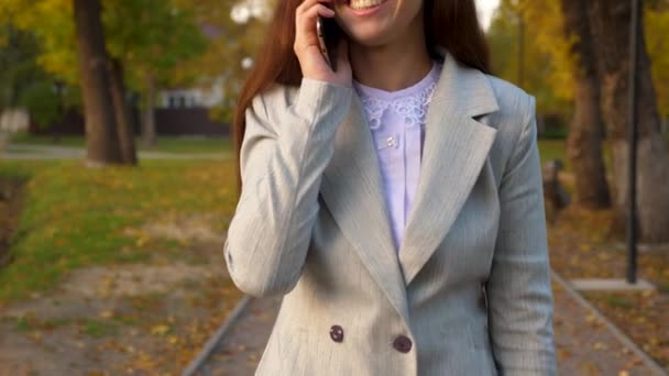 Mooie jongedame praten op mobiele telefoon in park, gelukkig meisje glimlachend. mooie zakenvrouw draagt in haar hand een zwarte aktetas met documenten. — Stockvideo