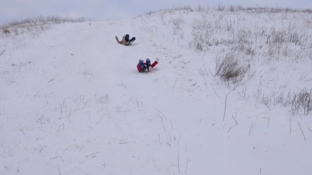 Gelukkige Jonge Geitjes Glijden Sleeën Van Hoge Besneeuwde Berg Winter — Stockvideo