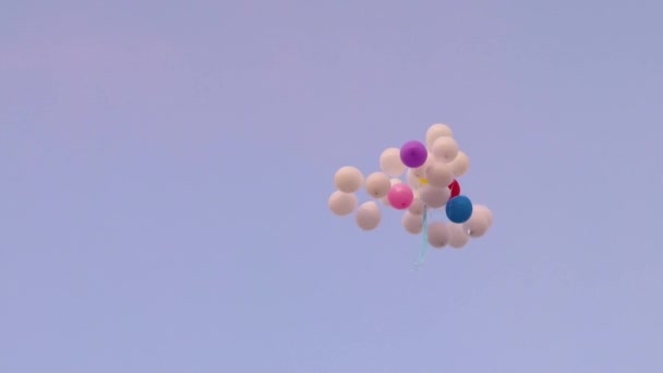 Los globos parten hacia el cielo azul — Vídeos de Stock