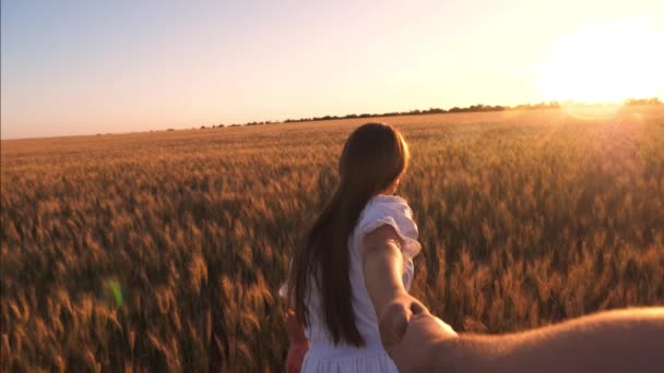 Fille heureuse court à travers le champ de blé et tient la main de l'homme bien-aimé. Mouvement lent . — Video