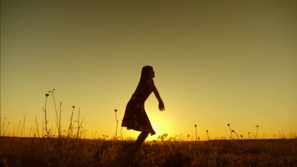 Щаслива дівчина з довгим волоссям стрибає на заході сонця . — стокове відео