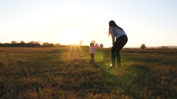 Maman avec un enfant jouant sur le terrain au ballon. bébé et mère jouant au football dans le parc au coucher du soleil . — Video