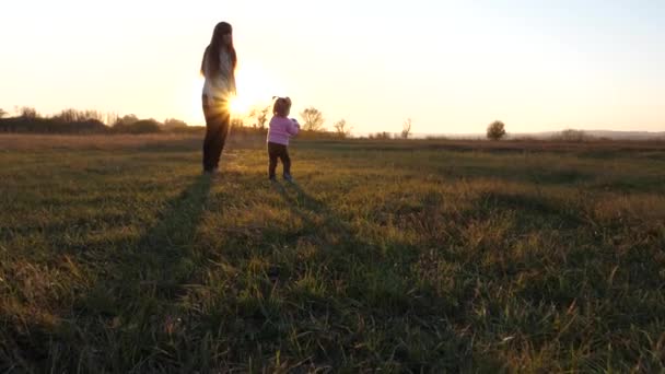 Enfant joue au ballon sur le terrain, mère s'occupe de sa fille. gamin jette mains de ballon de football sur l'herbe dans le parc au coucher du soleil. Mouvement lent — Video