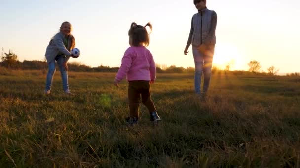 Kinderen spelen met klein kind met voetbal in park in stralen van felle zon. Slow-motion. kinderen spelen bal op het veld in de avond in de stralen van de zonsondergang. — Stockvideo