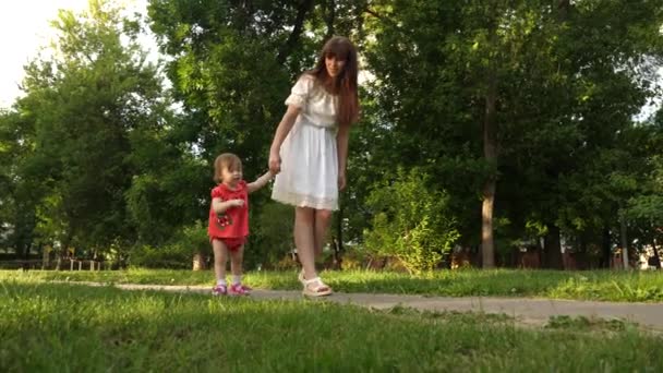 Maman et petite fille marchent le long du chemin dans le parc d'été. babys premiers pas avec maman — Video