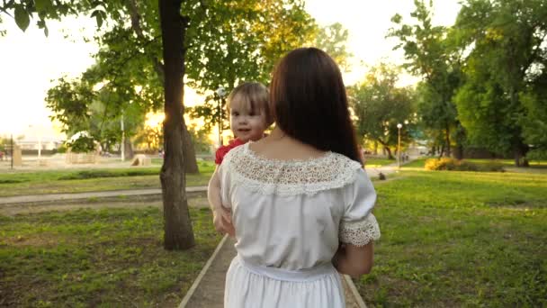Malá dcerka v rukou její matky, šťastná rodina chodí v letním parku. Zpomalený pohyb — Stock video