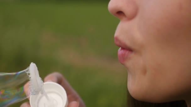 La fille souffle des bulles de savon transparentes et rit. Mouvement lent . — Video