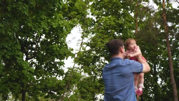 Pai feliz está circulando no ar pequena filha rindo no parque verde quente. Os pais brincam na natureza com o bebê. Fim de semana para caminhar. Movimento lento . — Vídeo de Stock