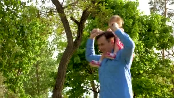 Papà porta la figlioletta sulle spalle, cammina nel parco con bambino — Video Stock