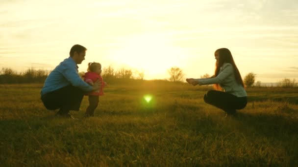 Bébé va sur la pelouse de papa à maman. enfant fait ses premiers pas dans le parc. Maman et papa jouent avec les enfants sur l'herbe au coucher du soleil. concept de bonheur familial — Video