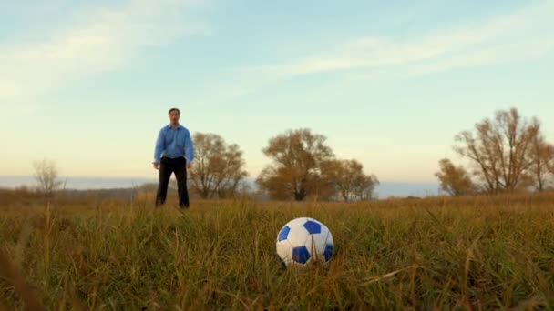 Meisjes been hits Voetbal bal man vangt de bal. familie speelt voetbal in park. vader en dochter spelen bal op het veld. — Stockvideo