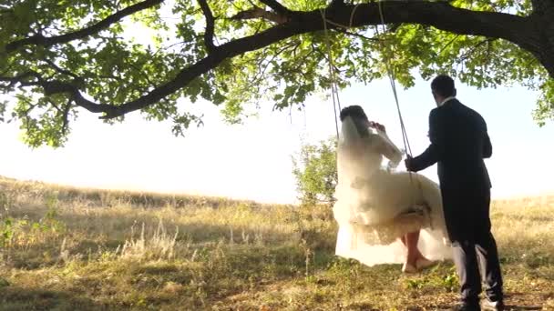 Par i kärlek firar sin bröllopsdag. lycklig familj koncept. bruden i vit klänning och brudgummen swing på gunga i parken i sommar. gunga på en gren av en ek. — Stockvideo