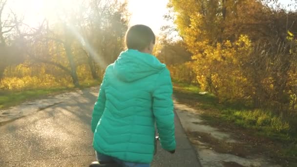 Ragazza va in bicicletta su una strada asfaltata nel parco autunnale sullo sfondo di alberi gialli — Video Stock