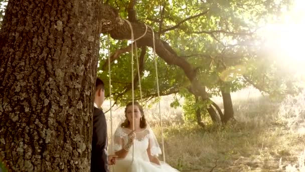 Lycklig brudgum svängande på swing bruden i vacker vit klänning i sommaren park. gunga på gren av en ek i sommar skog och ett älskande par — Stockvideo