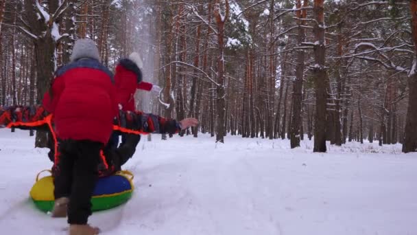 Crianças passeio papai no trenó e um tubo de neve inflável. Família feliz jogando no parque de inverno e na floresta para as férias de Natal. Movimento lento . — Vídeo de Stock