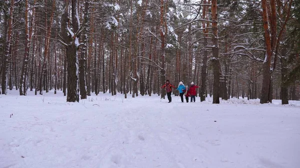 快乐的孩子和爸爸妈妈和孩子们一起在冬天的森林里奔跑。冬天, 父母和孩子们在雪园里玩耍。幸福的家庭走在圣诞森林里。团队 合作 — 图库照片