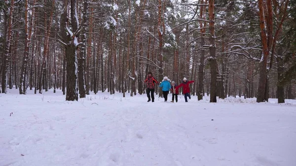 Crianças felizes e mamãe e papai correm com as crianças na floresta de inverno. os pais brincam com crianças em um parque nevado no inverno. família feliz caminha na floresta de Natal. trabalho em equipa — Fotografia de Stock