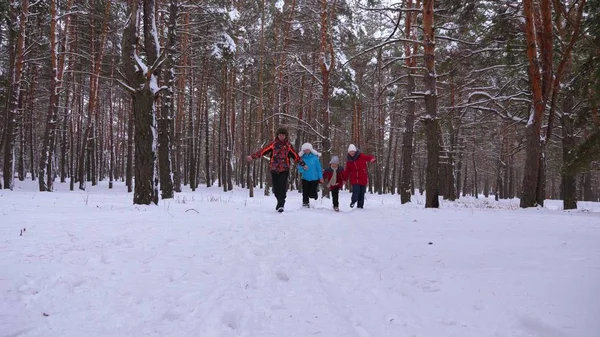 Crianças felizes e mamãe e papai correm com as crianças na floresta de inverno. os pais brincam com crianças em um parque nevado no inverno. família feliz caminha na floresta de Natal. trabalho em equipa — Fotografia de Stock