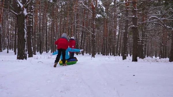 Glückliche Kinder fahren mit ihrer Mutter auf Schlitten und einem aufblasbaren Schneeschlauch im Kiefernwald. glückliche Familie Mutter und Kinder spielen im Winter Park und Wald für die Weihnachtsfeiertage. Zeitlupe. — Stockfoto