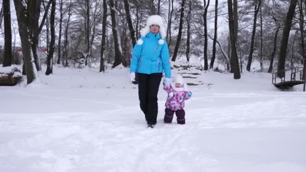 Mamãe leva a mão de sua filhinha durante o passeio pelo parque coberto de neve no inverno. Mãe caminha com a criança que é impertinente e chorando. Natal. — Vídeo de Stock