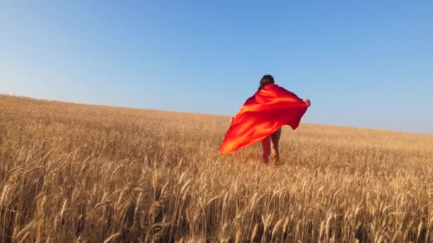 Σούπερ ήρωας κορίτσι με κόκκινο μανδύα που εκτελείται σε ένα χωράφι με σιτάρι. Αργή κίνηση. — Αρχείο Βίντεο
