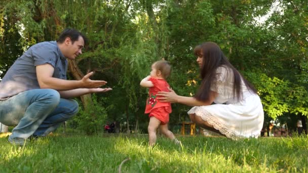 Joyeux bébé jouant avec les parents dans le parc. Joyeux papa et maman marchent avec leur fille dans le parc. Valeurs familiales — Video