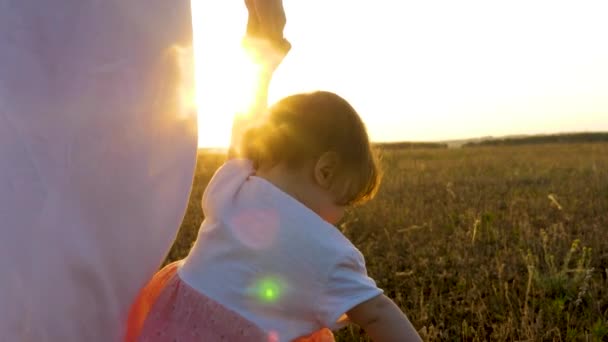 Mamá lleva la mano de la pequeña hija que aprende a caminar y cae en los rayos del atardecer. Primeros pasos del bebé. Cuidado materno del niño — Vídeos de Stock