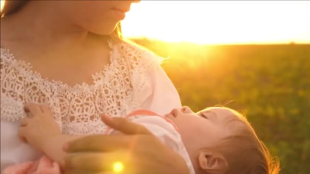 Il bambino si addormenta tra le braccia della madre nei raggi dorati del tramonto. Rallentatore — Video Stock