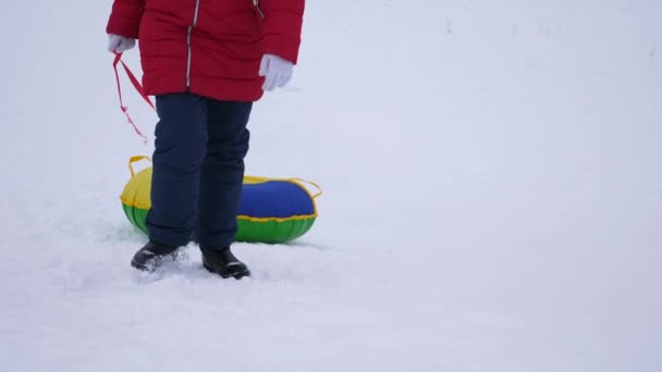 Adolescente sube a la montaña nevada de invierno sosteniendo platillo de nieve. Juegos de invierno al aire libre. Navidad — Vídeo de stock