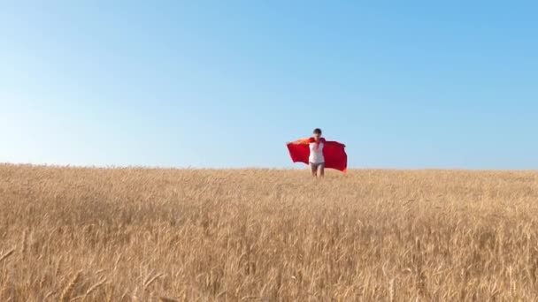 Ragazza gioca super eroe in impermeabile rosso e corre lungo il campo giallo nel cielo blu — Video Stock