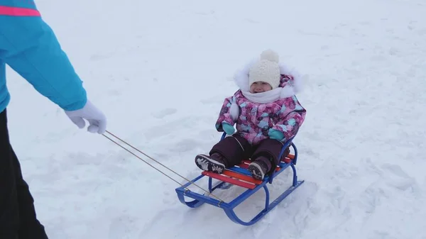 Молодая мама катает маленького ребенка на санях по снежной дороге зимой. Ребенок непослушный и плачет, сидя в санях — стоковое фото