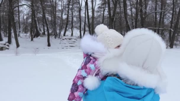 Baby på händerna på min mor promenader i vinter på vit snö på frostig dag. Mor med barn på promenad i naturen. Jullov — Stockvideo