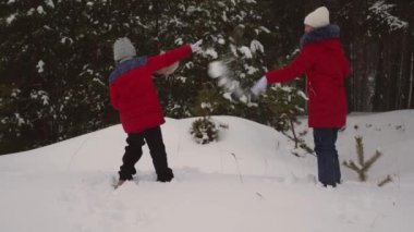 Çocuk snowdrifts ve gülmek çam kış kar parktan kartopu oynamak. Kızlar, kışın karda oynamak. Noel tatili. Doğada Genç oyunları.
