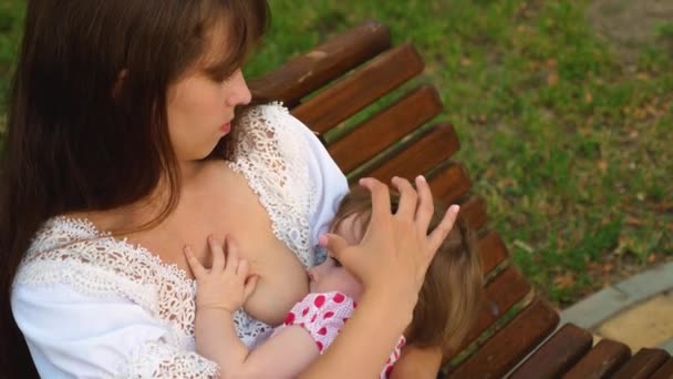 Мама кормит грудью младенца и ласкает его голову. Ребенок лежит на руках и пьет грудное молоко из груди матери — стоковое видео