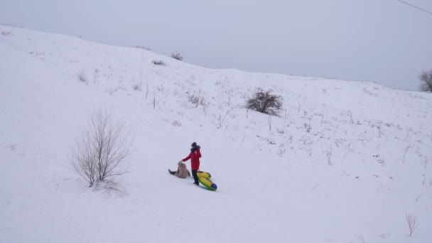 Chica feliz rueda de la montaña nevada en platillo de nieve. Chica va en la montaña nevada sosteniendo platillo de nieve en sus manos — Vídeo de stock