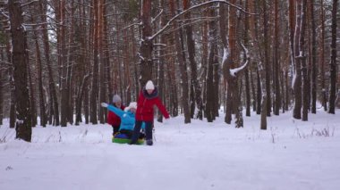 Mutlu genç çocuk kar daire çam parkı içinde kış ve gülmek binmek. İğne yapraklı orman halletme kızlar. Doğada gençler için eğlence. Noel tatili