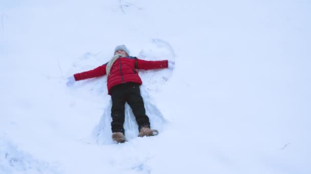 Kid visar vita snön en ängel i Vinterparken. Tonåring spelar i snödrivor. Flickan är liggande i snön och vifta med sina armar och ben. Jullov — Stockvideo